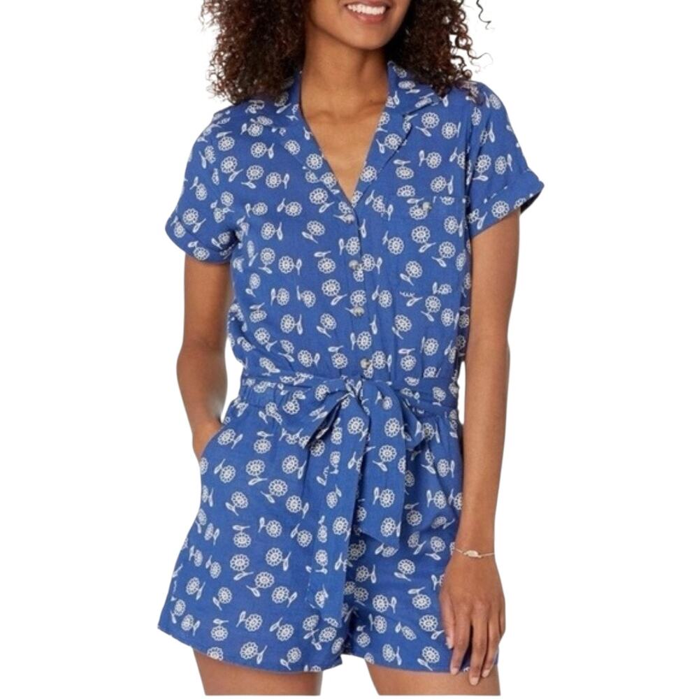 Toad&Co Blue Short-Sleeve Tie-Waist Romper with White Print